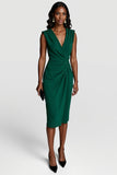 Dark Green Ruched V Neck Bodycon Midi Work Dress
