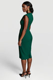 Dark Green Ruched V Neck Bodycon Midi Work Dress