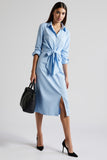 Blue Long Sleeve Lapel Midi Work Dress With Slit