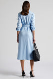 Blue Long Sleeve Lapel Midi Work Dress With Slit