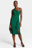 Dark Green Bodycon One Shoulder Midi Work Dress With Slit