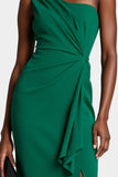 Dark Green Bodycon One Shoulder Midi Work Dress With Slit