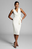 White Ruched Midi Bodycon V-Neck Work Dress with Sash