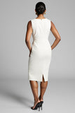 White Ruched Midi Bodycon V-Neck Work Dress with Sash