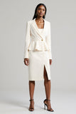 White Peak Lapel Long Sleeve 2 Piece Bodycon Midi Work Dress With Slit