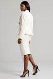 White Peak Lapel Long Sleeve 2 Piece Bodycon Midi Work Dress With Slit