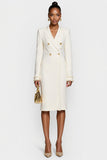 White Double Breasted Bodycon Peak Lapel Midi Work Dress