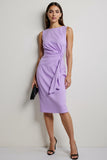 Purple Ruched Bodycon Bateau Neck Midi Work Dress with Sash