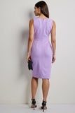 Purple Ruched Bodycon Bateau Neck Midi Work Dress with Sash