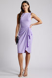 Ruched Bodycon Bateau Neck Purple Midi Work Dress with Sash