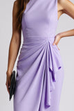 Ruched Bodycon Bateau Neck Purple Midi Work Dress with Sash