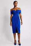 Royal Blue Off The Shoulder Ruched Bodycon Midi Work Dress With Slit