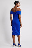 Royal Blue Off The Shoulder Ruched Bodycon Midi Work Dress With Slit