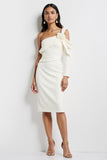 One Shoulder White Bodycon Midi Work Dress With 3D Flower
