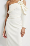 One Shoulder White Bodycon Midi Work Dress With 3D Flower