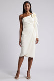 White 3D Flower Bodycon Midi Work Dress With Long Sleeve