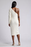 White 3D Flower Bodycon Midi Work Dress With Long Sleeve