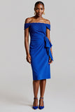 Royal Blue Off The Shoulder Bodycon Midi Work Dress With Lace