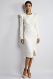 Long Sleeve Bodycon Midi White Work Dress With Slit