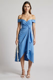 Blue Off The Shoulder Ruched A Line Midi Work Dress with Ruffles