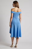 Blue Off The Shoulder Ruched A Line Midi Work Dress with Ruffles