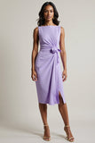 Purple Ruched Boat Neck Bodycon Midi Work Dress with Slit