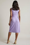 Purple Ruched Boat Neck Bodycon Midi Work Dress with Slit