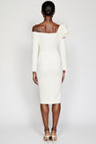 Sparkly White One Shoulder Long Sleeves Ruched Midi Work Dress with Rhinestone
