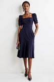 Navy Short Sleeves Square Neck Midi Work Dress