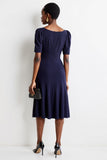 Navy Short Sleeves Square Neck Midi Work Dress