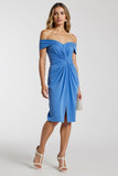 Blue Ruched Off The Shoulder Bodycon Midi Work Dress with Slit