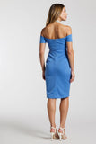 Blue Ruched Off The Shoulder Bodycon Midi Work Dress with Slit