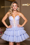 Lavender A Line Corset Tiered Short Cocktail Dress with Lace