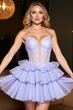 Lavender A Line Corset Tiered Short Cocktail Dress with Lace