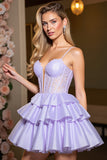 Lavender A Line Corset Satin Short Cocktail Dress with Lace