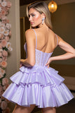 Lavender A Line Corset Satin Short Cocktail Dress with Lace