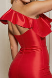 Sparkly Red Bodycon Ruffled One Shoulder Mini Cocktail Dress with Fringes