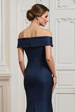 Off the Shoulder Mermaid Navy Long Mother of the Bride Dress with Lace