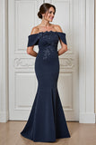 Navy Mermaid Off the Shoulder Long Mother of the Bride Dress with Appliques