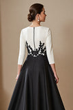 Satin A Line Black and White 3/4 Sleeves High Low Mother of the Bride Dress with Lace