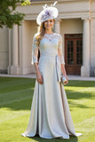 Silver Satin A Line 3/4 Sleeves Long Mother of the Bride Dress with Lace