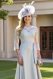 Silver Satin A Line 3/4 Sleeves Long Mother of the Bride Dress with Lace