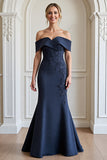 Navy Off the Shoulder Mermaid Mother of the Bride Dress with Lace