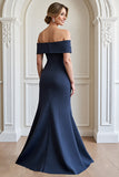 Navy Off the Shoulder Mermaid Mother of the Bride Dress with Lace