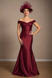 Off The Shoulder Burgundy Mermaid Satin Long Mother Of The Bride Dress