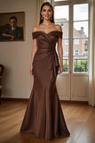 Brown Off The Shoulder Mermaid Satin Formal Dress With Draped Bow
