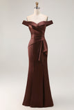 Off The Shoulder Mermaid Satin Brown Formal Dress With Draped Bow
