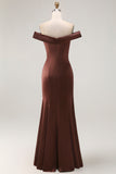 Off The Shoulder Mermaid Satin Brown Formal Dress With Draped Bow