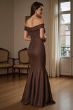 Off The Shoulder Mermaid Satin Brown Formal Dress With Draped Bow