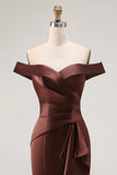 Brown Off The Shoulder Mermaid Satin Formal Dress With Draped Bow